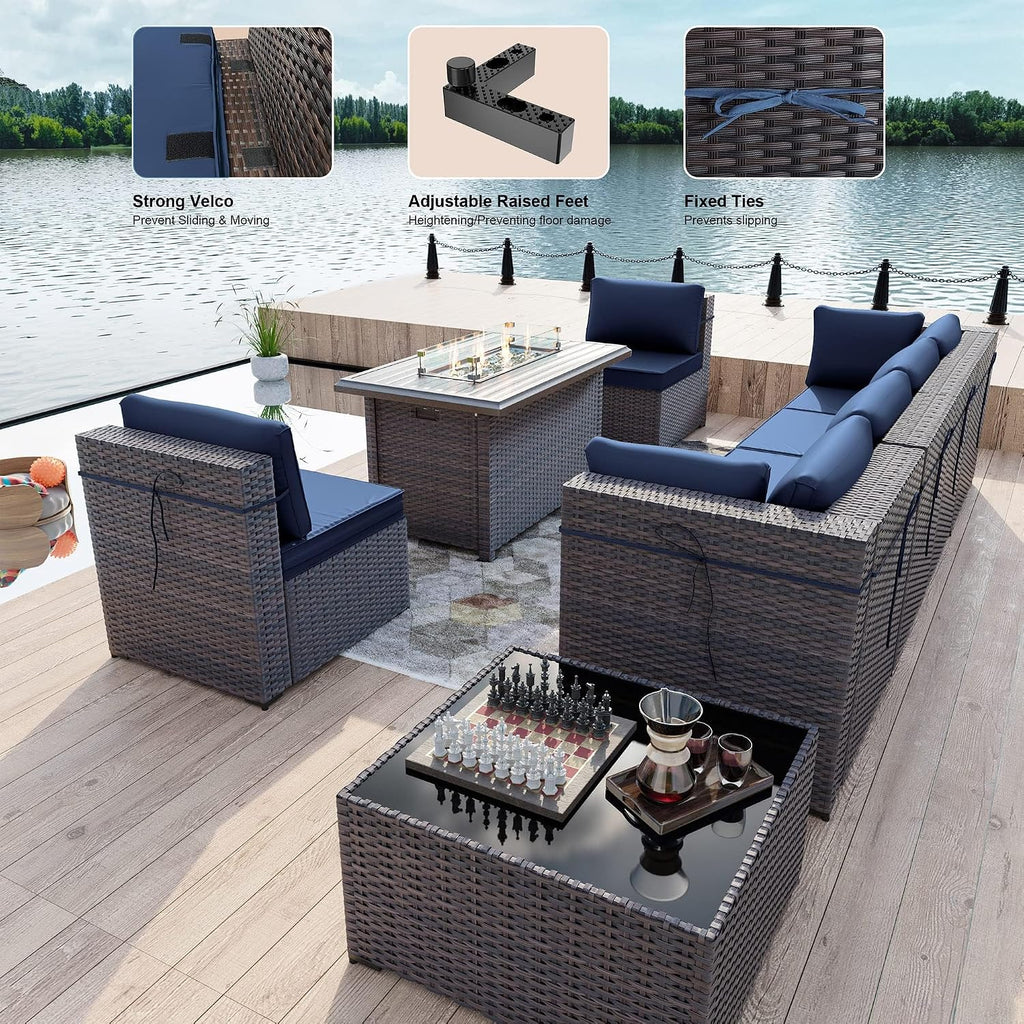 Kullavik 8 Piece Wicker Patio Furniture Set with Fire Pit Table