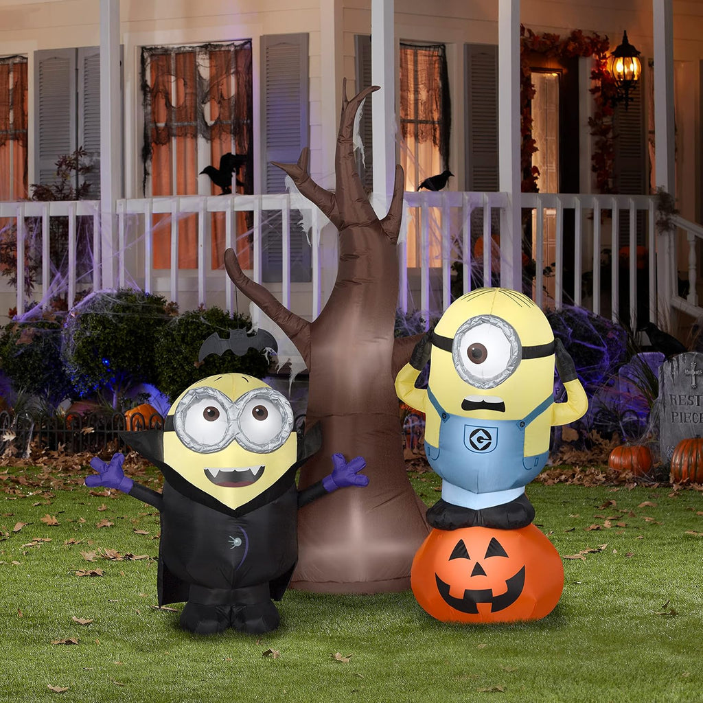 Gemmy Minions Halloween Inflatable Scene, 5.5 Ft Tall Lighted Universal Yard Decoration with Tree and Pumpkin, Outdoor Decor with Stakes and Tethers