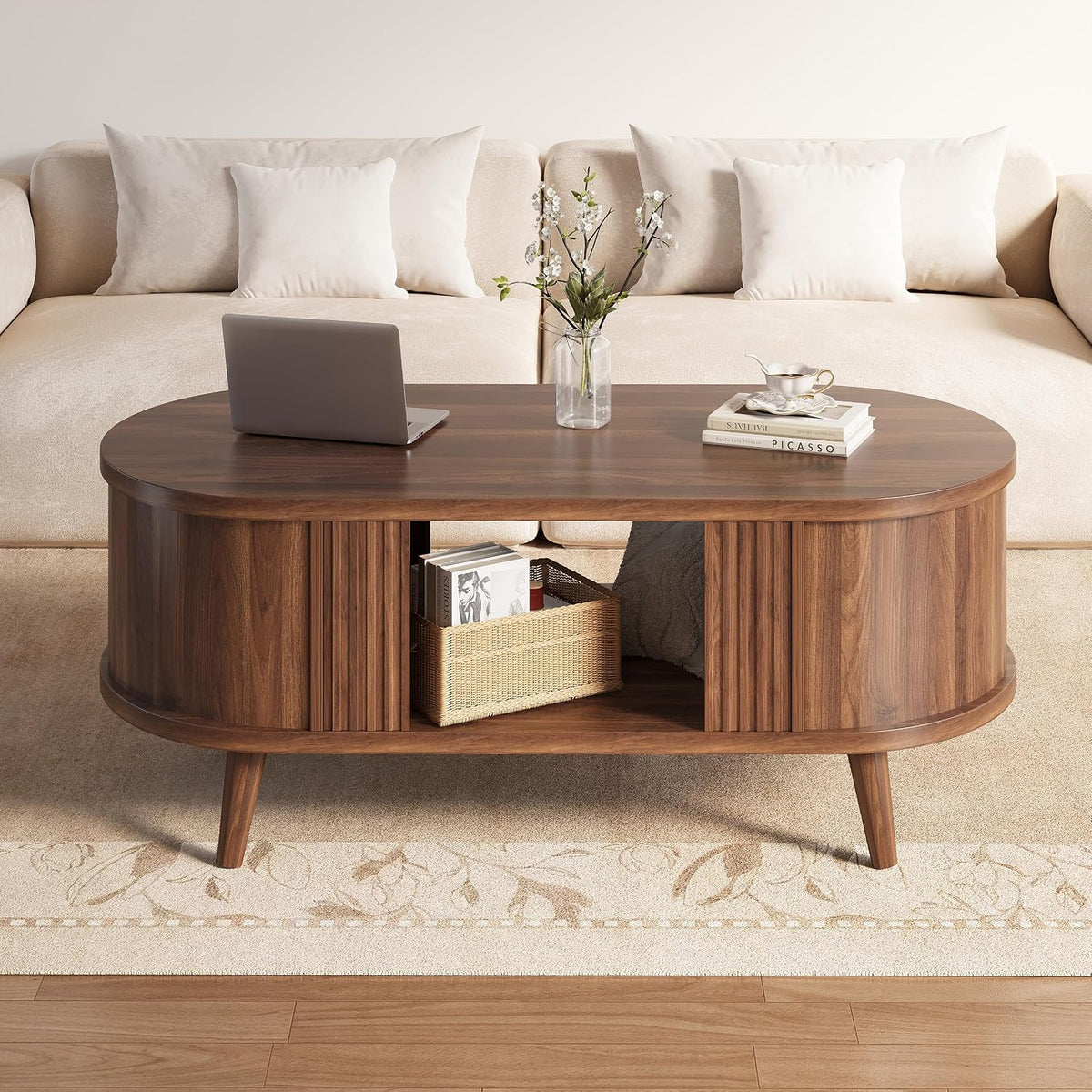 47.2" Oval Fluted Coffee Table with Storage, Fluted Mid-Century, Walnut