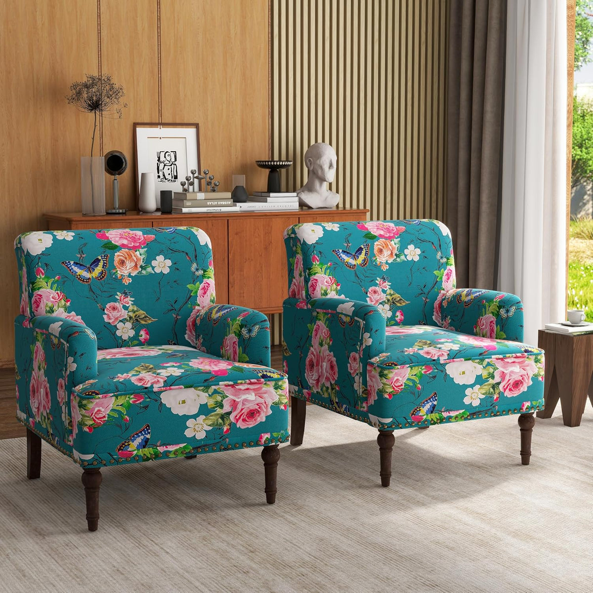 Floral Accent Chairs Set of 2, Fabric Upholstered Armchair