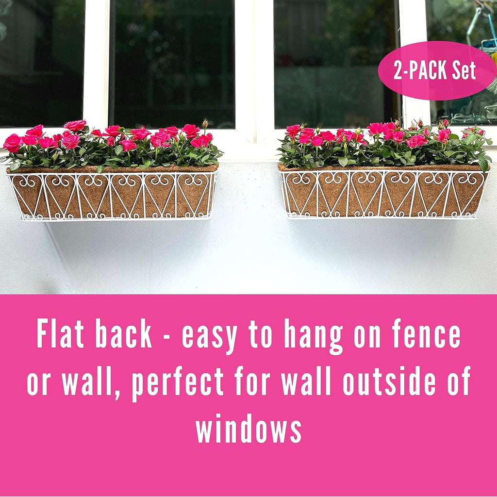 LaLaGreen Wall Hanging Planter - 2 Pack, 30 Inch Deck Railing Planter, Window Flower Boxes Basket Outdoor White Deck Railing Hanging Pot Coco Liner Metal Plant Holder Fence Planter Balcony Patio Porch