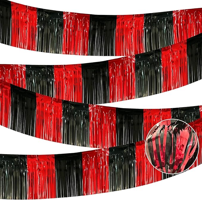 4 Pack 10 Feet Black Red Parade Floats Foil Fringe Garland Metallic Tinsel Streamers Banner Fringe Curtain Banner for Halloween Graduation Homecoming Birthday Party Decorations (Black, Red)