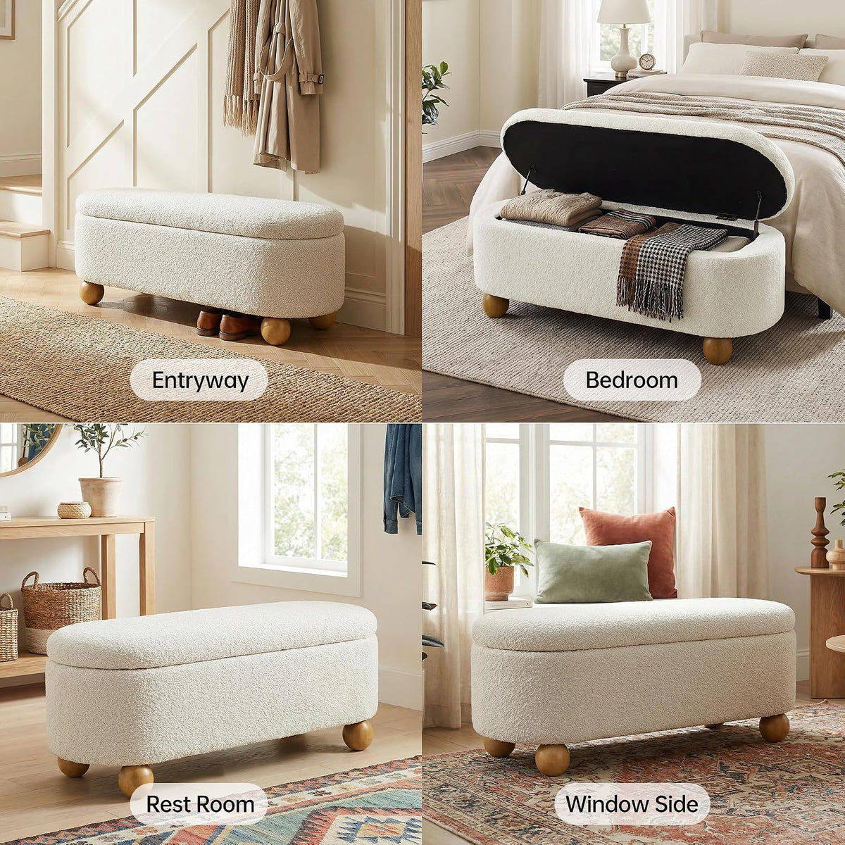 VKNOW 44.8" Storage Ottoman Bench End of Bed Bench with Hinge, Beige