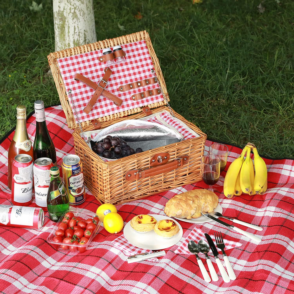 Wicker Picnic Basket for 2, Insulated Picnic Basket - Red Check