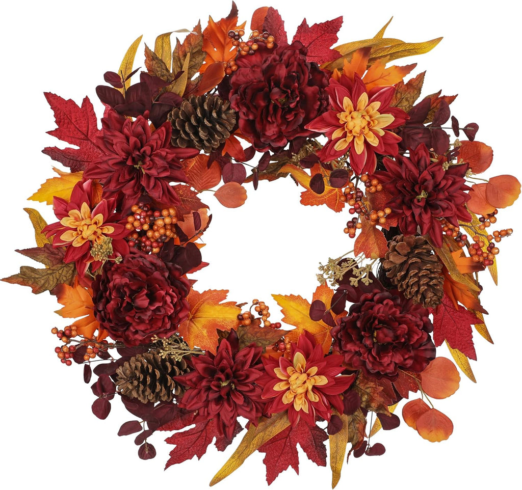 24" Artificial Fall Floral Wreath for Front Door Autumn Wreath with Peony Dahlia Pine Cones for Halloween Thanksgiving Farmhouse Window Wall Décor