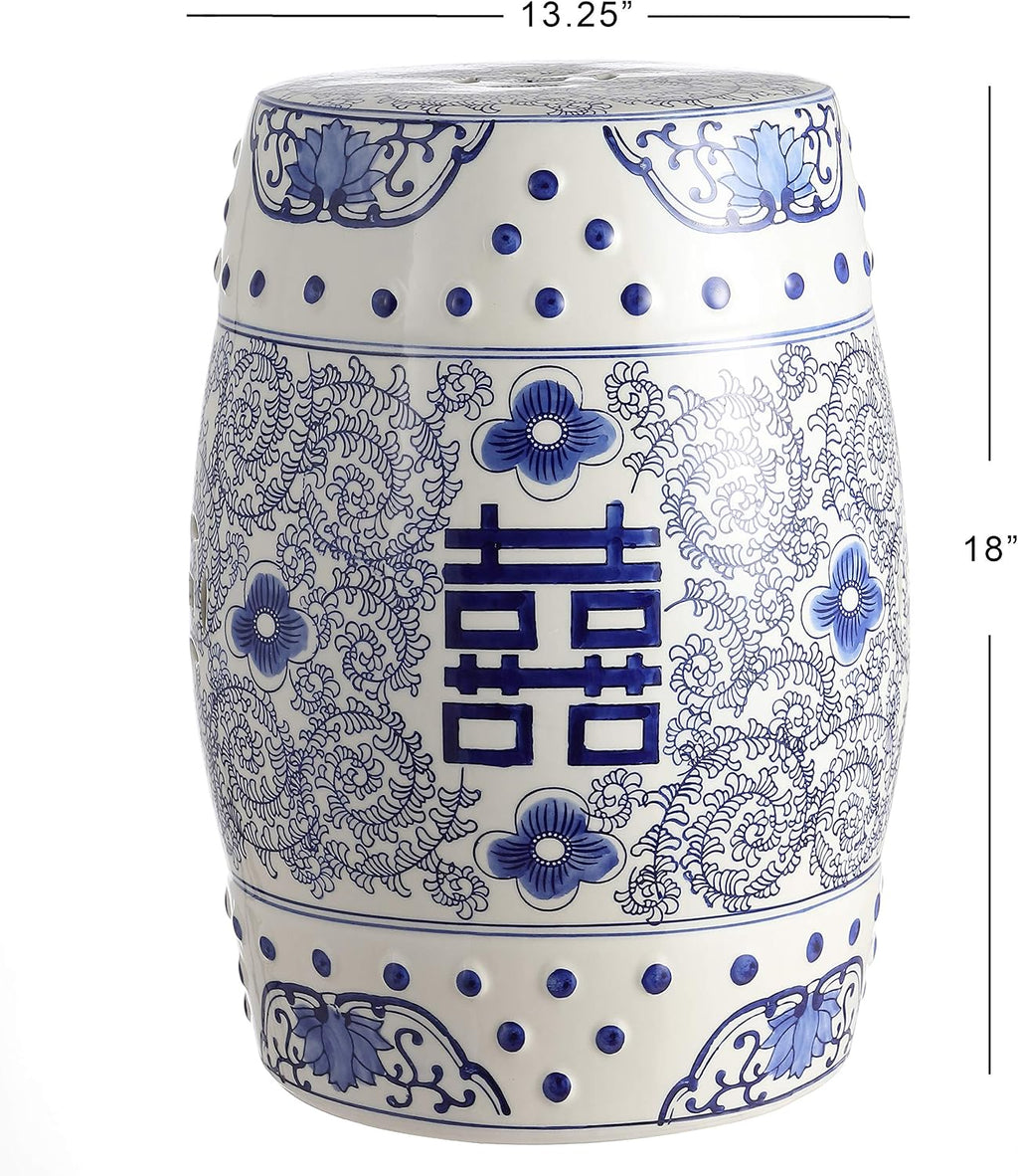 JONATHAN Y Double Happiness Ceramic Garden Stool 18" Table, Blue/White