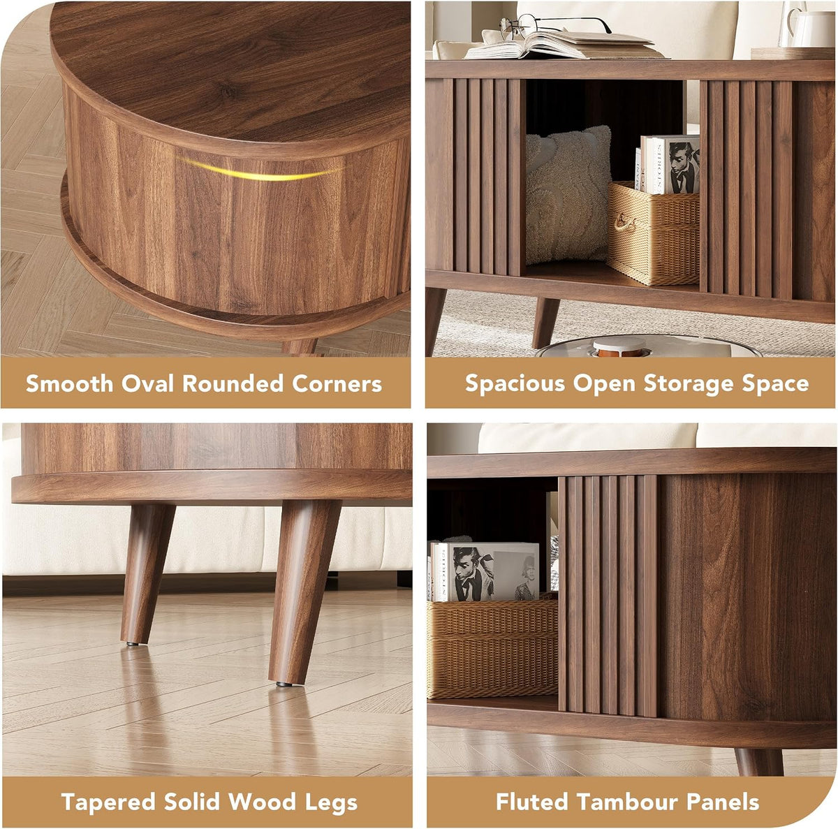39.3" Oval Fluted Coffee Table with Storage, Fluted Mid-Century, Walnut
