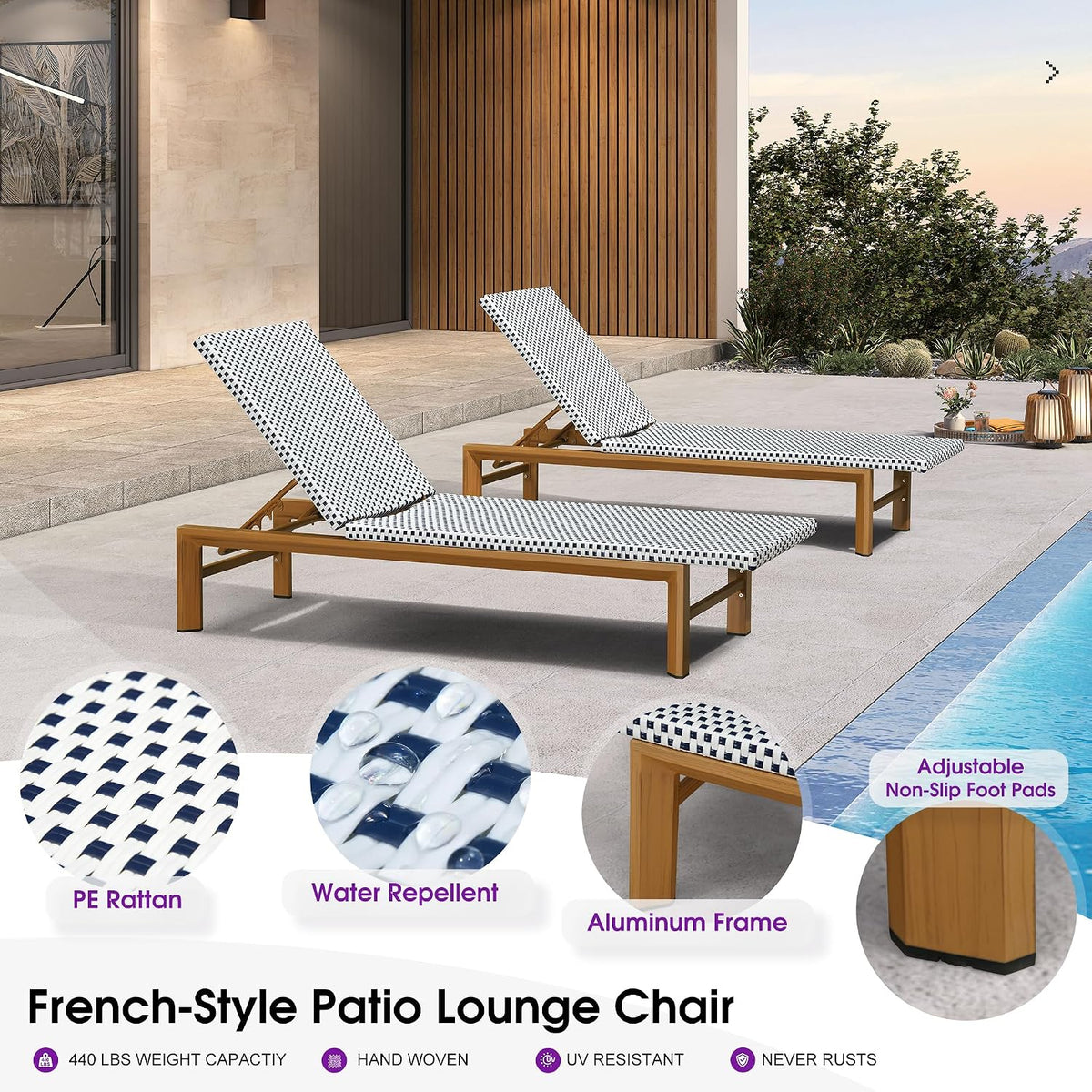 PURPLE LEAF Oversized Outdoor Lounge Chair French Set of 2, White Navy