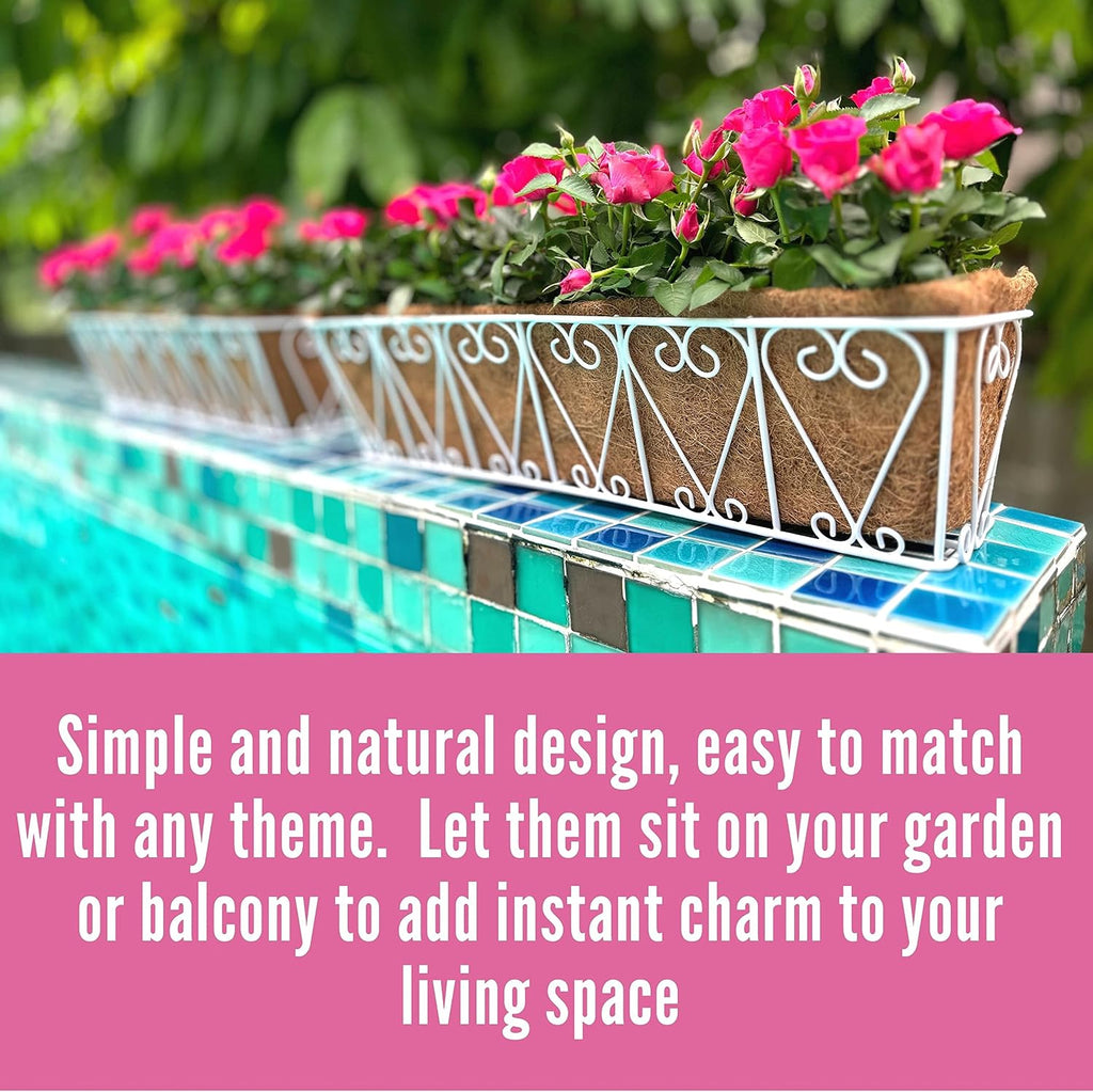 LaLaGreen Wall Hanging Planter - 2 Pack, 30 Inch Deck Railing Planter, Window Flower Boxes Basket Outdoor White Deck Railing Hanging Pot Coco Liner Metal Plant Holder Fence Planter Balcony Patio Porch