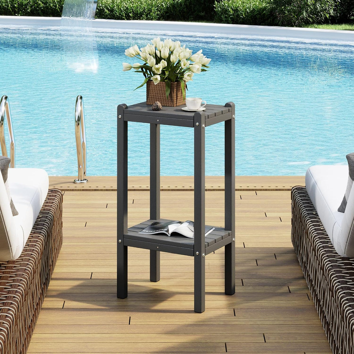 Costaelm Outdoor Side Table, 2-Tier Small Patio Coffee Tables for Outside, Outdoor End Tables for Patio, Adirondack Side Table for Outside, Outside Table for Pool, Porch, Garden, Gray