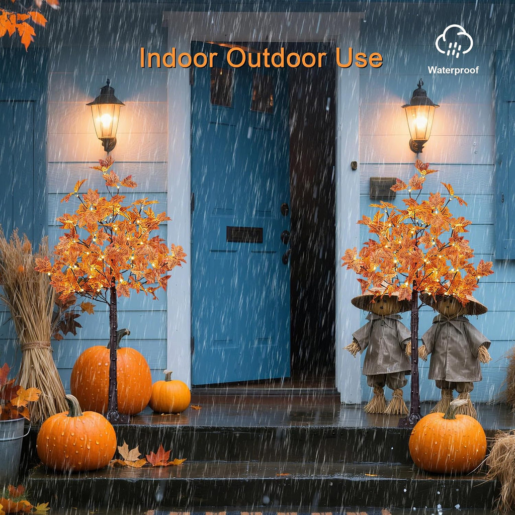 LIGHTSHARE 2PCS 4FT 144LED(72LED Each) Artificial Lighted Maple Tree Warm White Halloween Fall Decorations Indoor Outdoor, Orange
