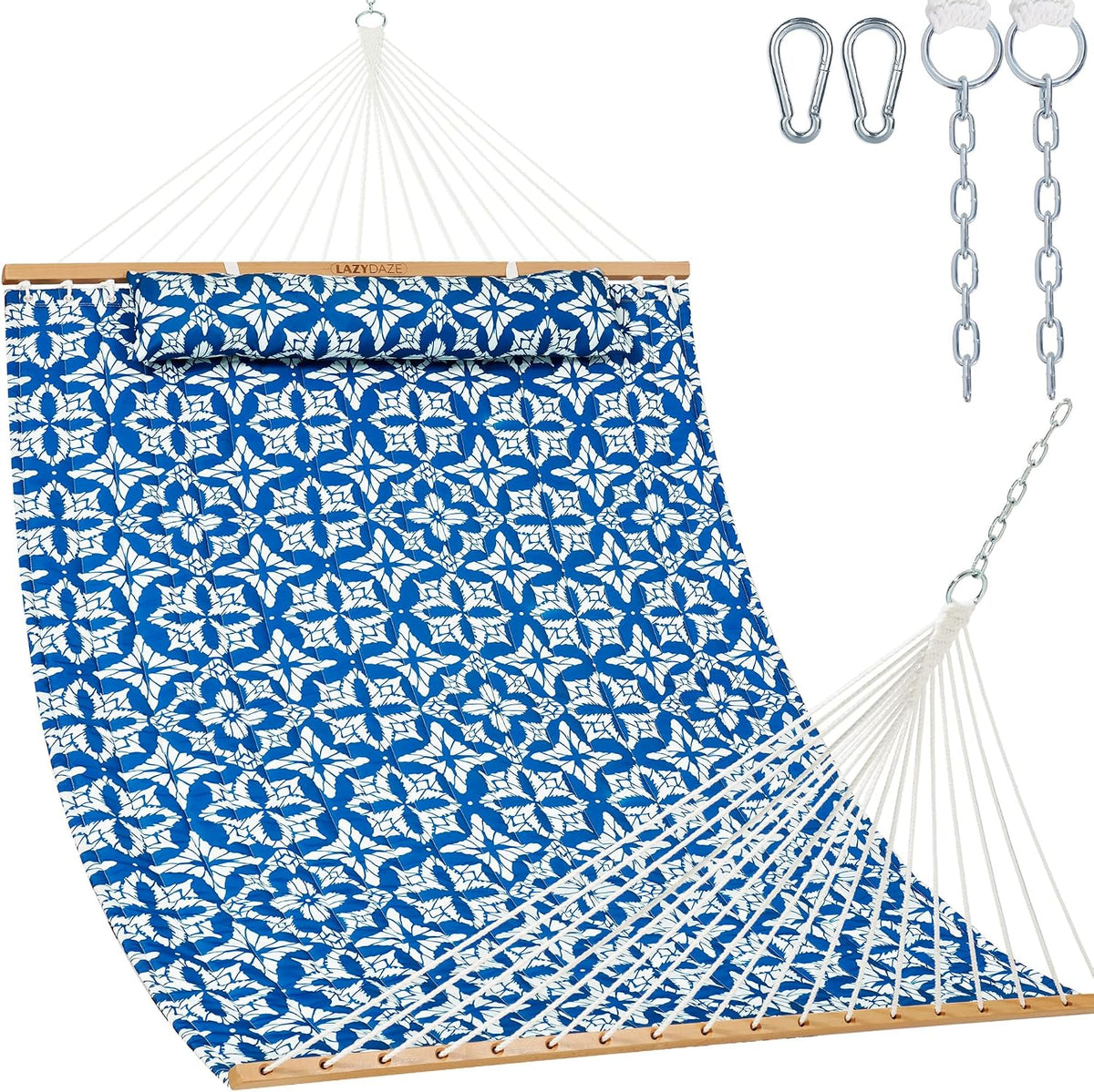 Lazy Daze 12FT Double Quilted Hammock for Outside with Pillow, Floral Navy