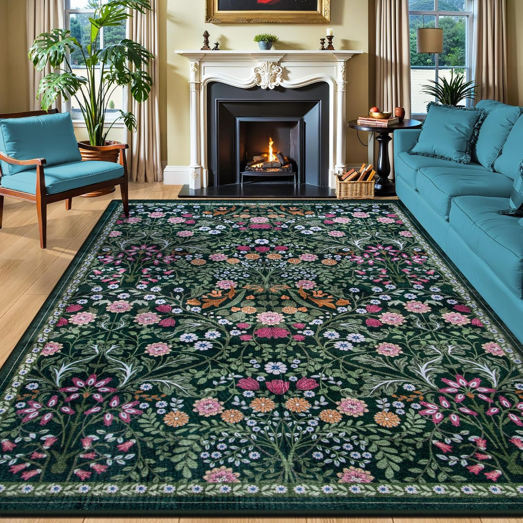 PLHXFR Area Rug 10x14 Living Room: Floral Washable Boho Carpet Dark Green