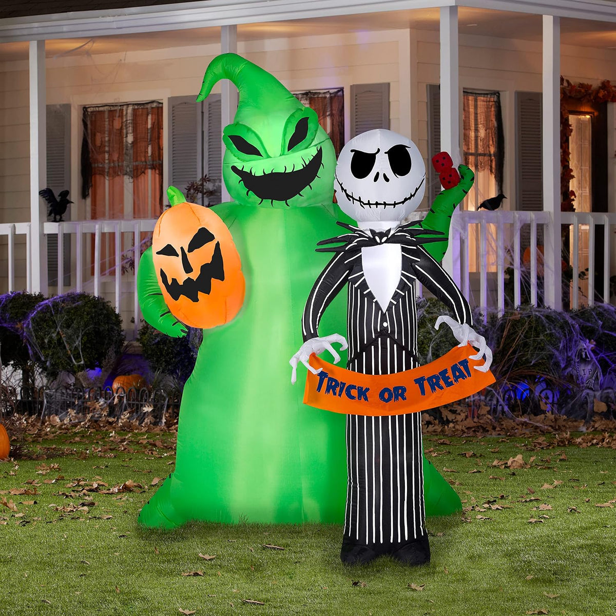 Gemmy Jack Skellington Halloween Inflatable Scene, 6.5 Ft Tall Lighted Nightmare Before Christmas Yard Decoration with Oogie Boogie, Outdoor Decor with Stakes and Tethers