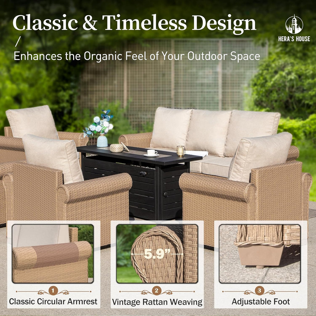 HERA'S HOUSE 6-Piece Wicker Rattan Patio Conversation Set, Beige