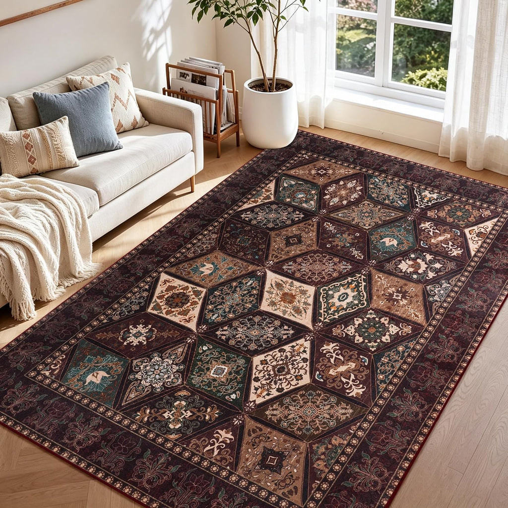 Moroccan Boho Floral Geometric Patchwork Washable 5x8 Large Area Rug