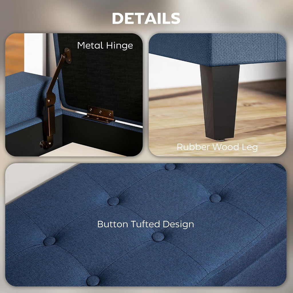 HOMCOM 36" Ottoman with Storage, Lift Top Rubberwood Legs 330 lb Dark Blue