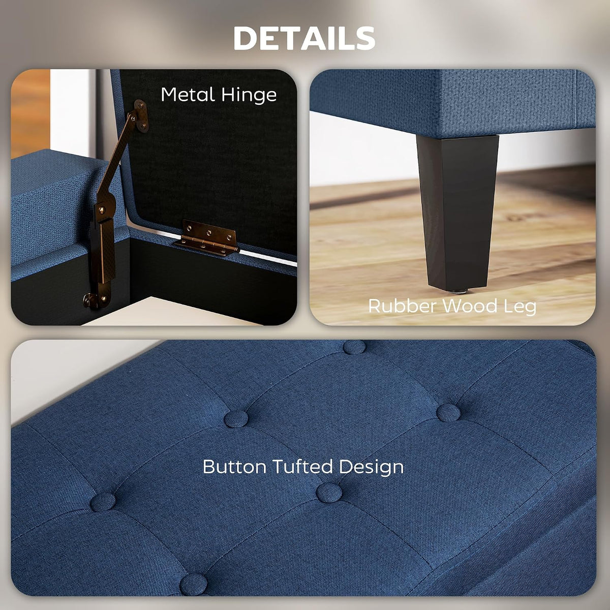HOMCOM 36" Ottoman with Storage, Lift Top Rubberwood Legs 330 lb Dark Blue