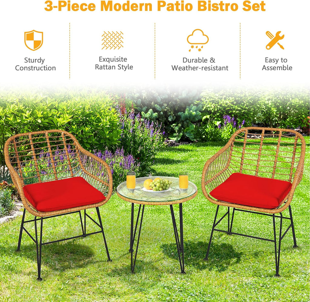 DORTALA 3 Piece Outdoor Bistro Set, Small Patio Furniture Set with with Metal & Wicker Frame, Tempered Glass Tabletop, All-Weather Table and Chairs for Backyard, Balcony, Poolside, Red