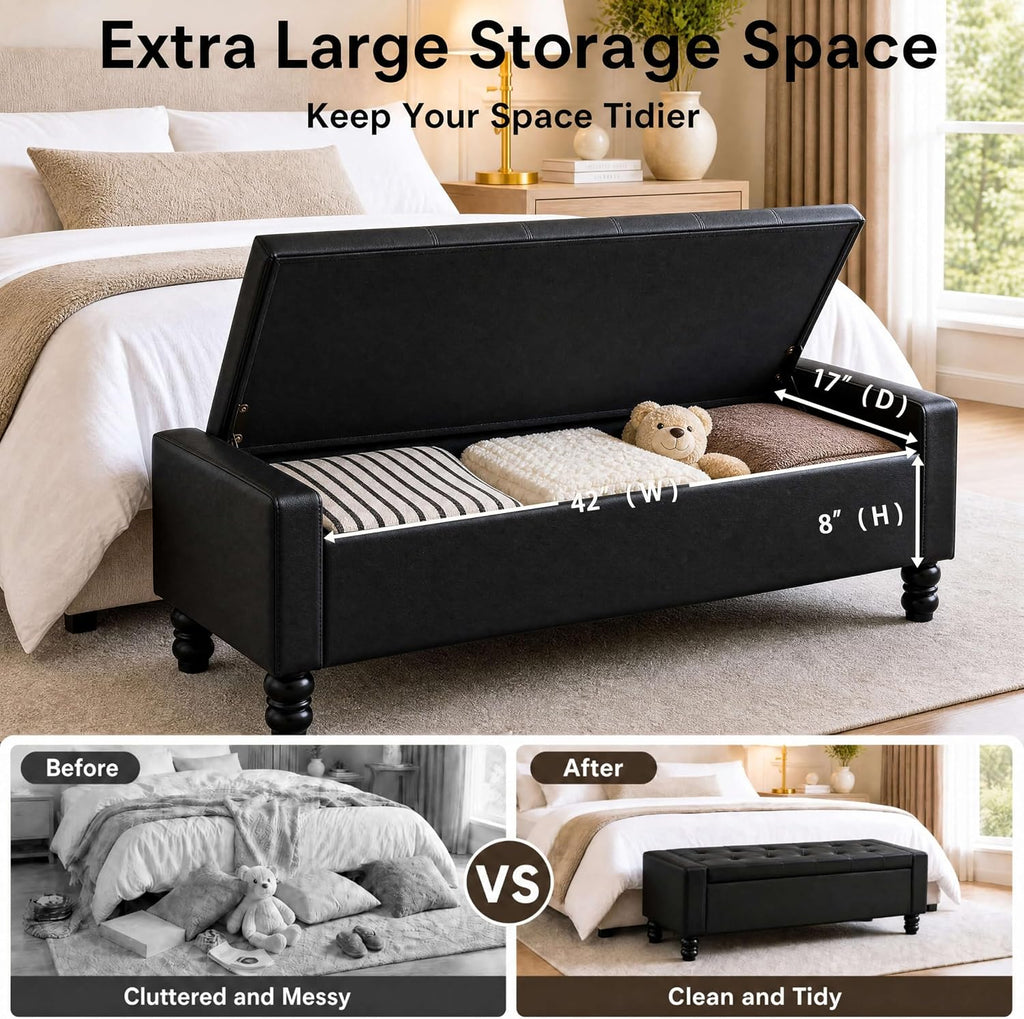 50 inch faux leather storage ottoman bench for showing dimensions