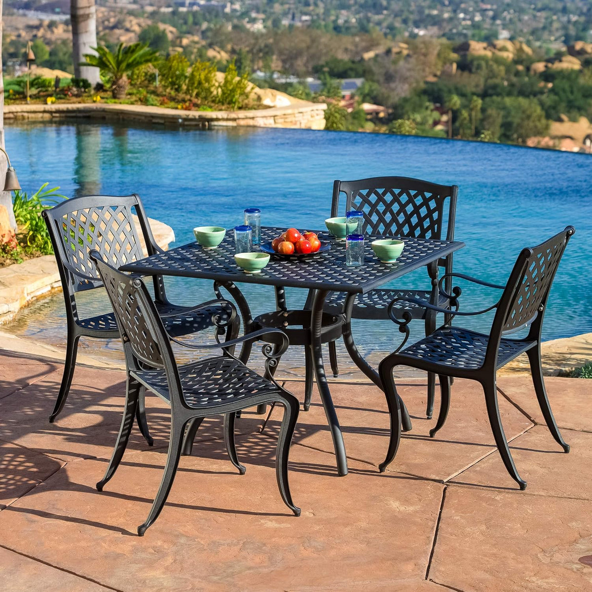 Christopher Knight Home Hallandale Cast Aluminum Outdoor Dining Set, 5-Pcs Set, Black Sand