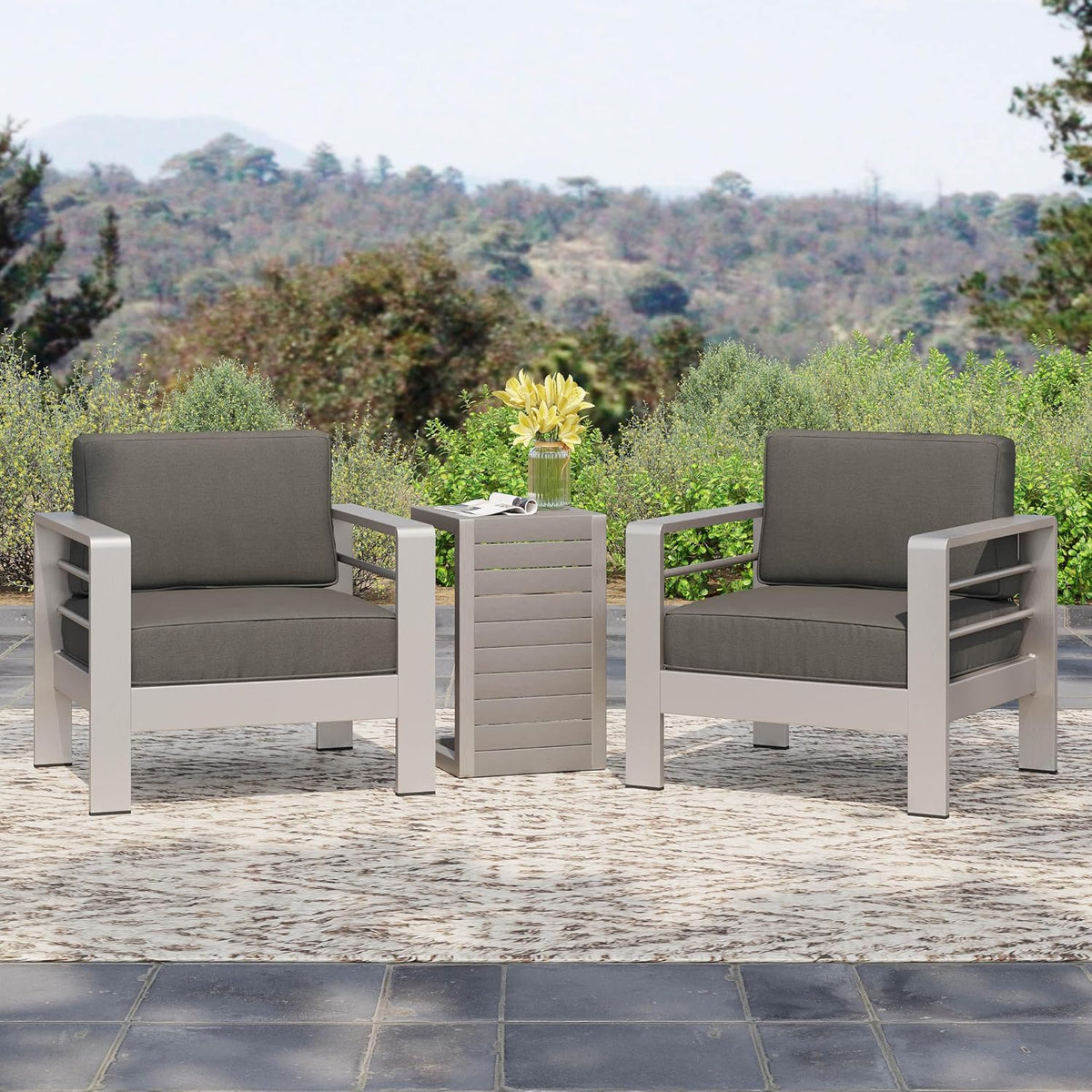 Christopher Knight Home Cape Coral Outdoor Aluminum Club Chairs with Side Table, Khaki / Silver