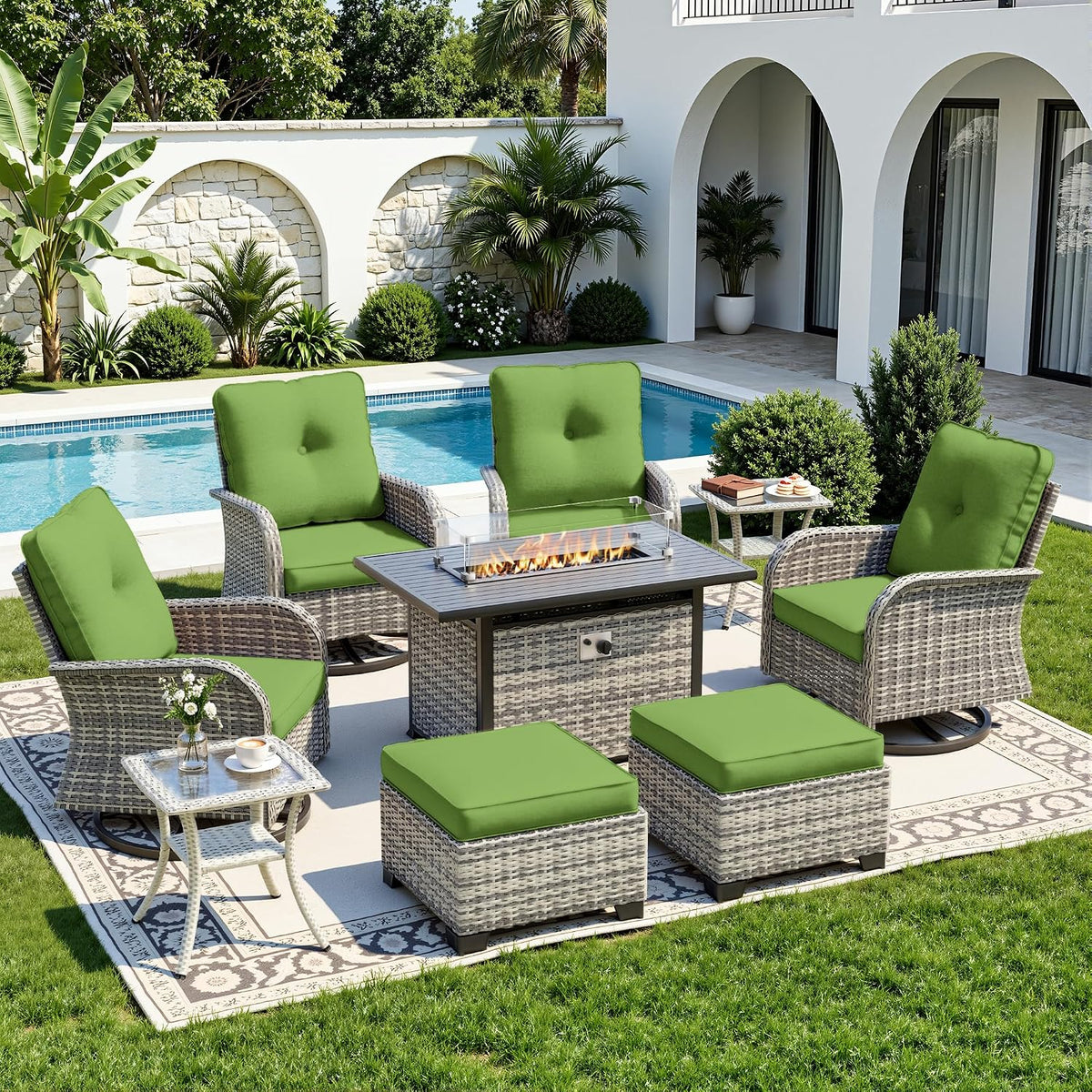 9-Piece Small Patio Furniture Set, Outdoor Swivel Rocking Chairs Set with 55,000 BTU Fire Pit Table Wicker Chairs and Ottomans, Patio Bistro Set for Balcony, Deck, Porch, Grass Green