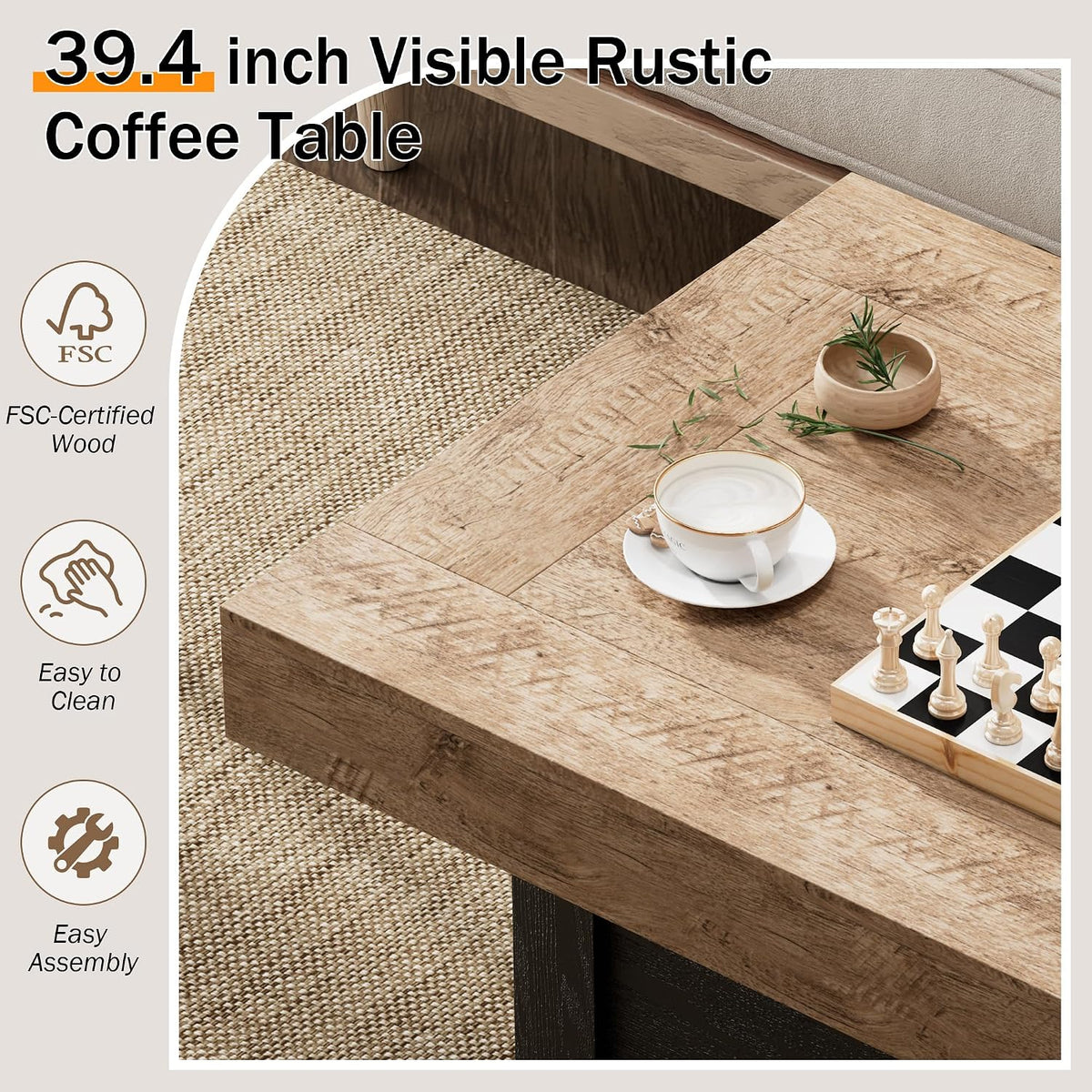 Lareth 39 in Rustic Coffee Table for Living Room with X-Design, Rectangle