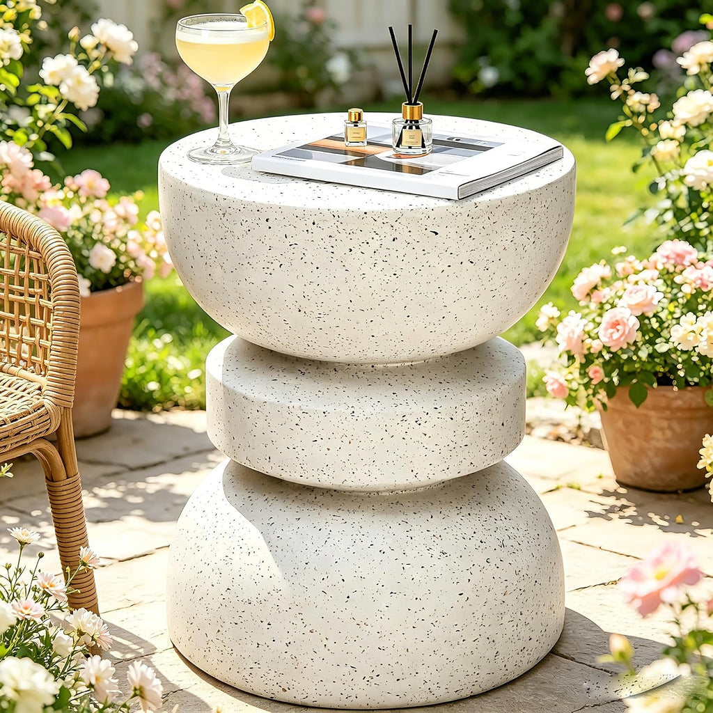 18" Outdoor Side Table, Modern Hourglass Garden Stool,Terrazzo-Look