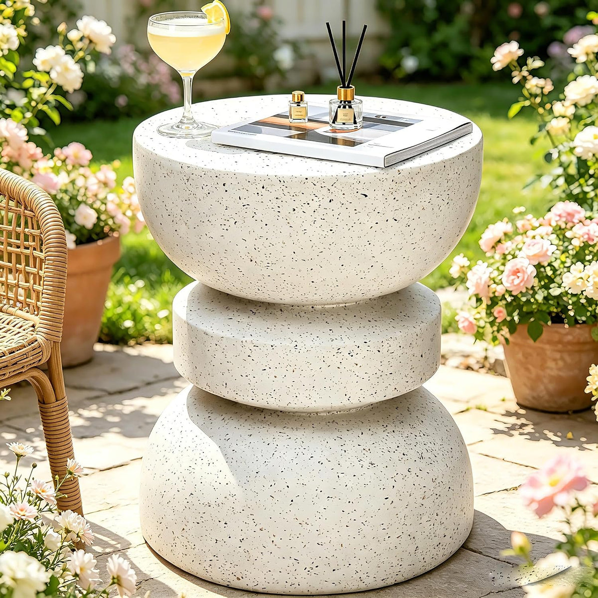 18" Outdoor Side Table, Modern Hourglass Garden Stool,Terrazzo-Look