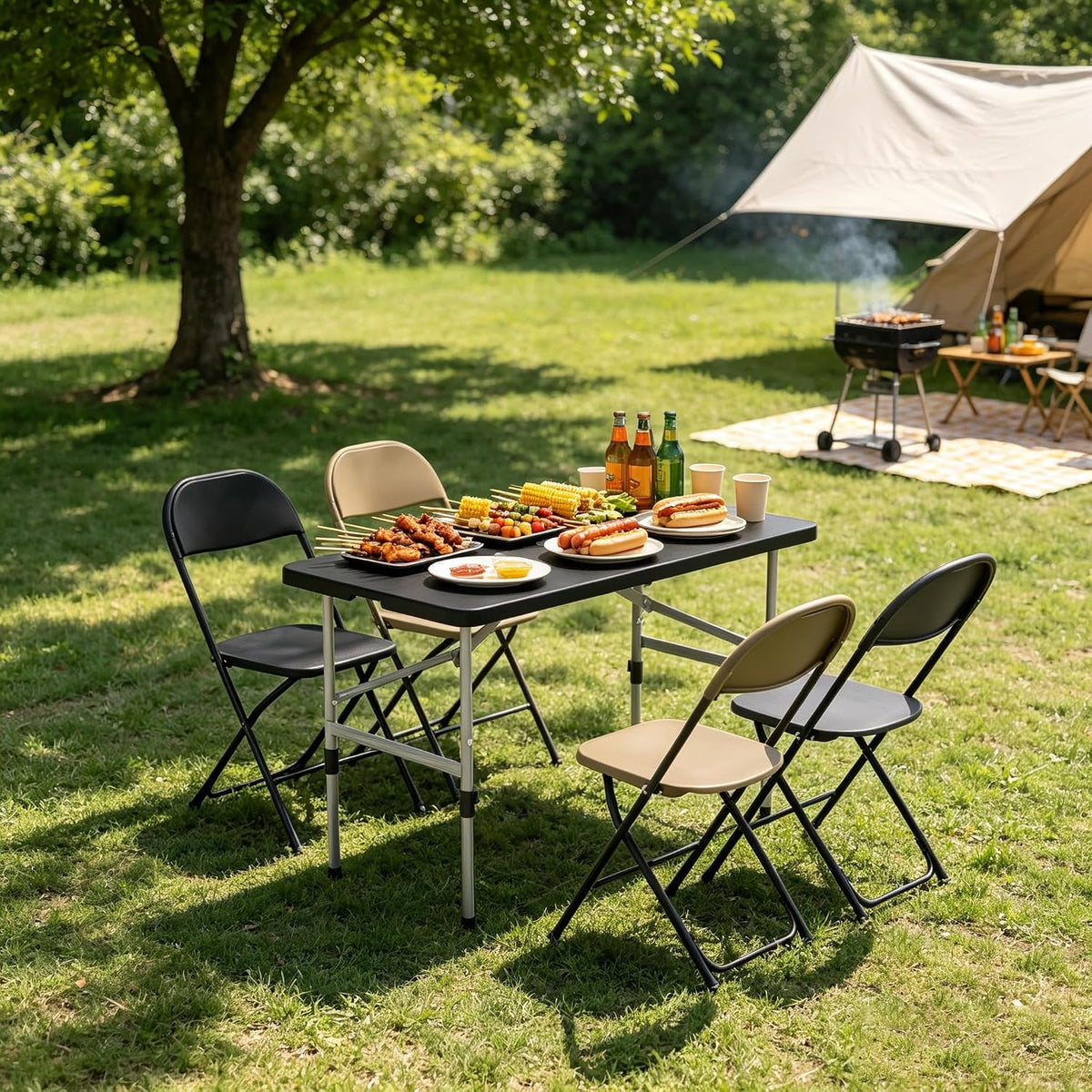 Athena Collection 4ft Folding Table Plastic Fold-in-Half Table, Black