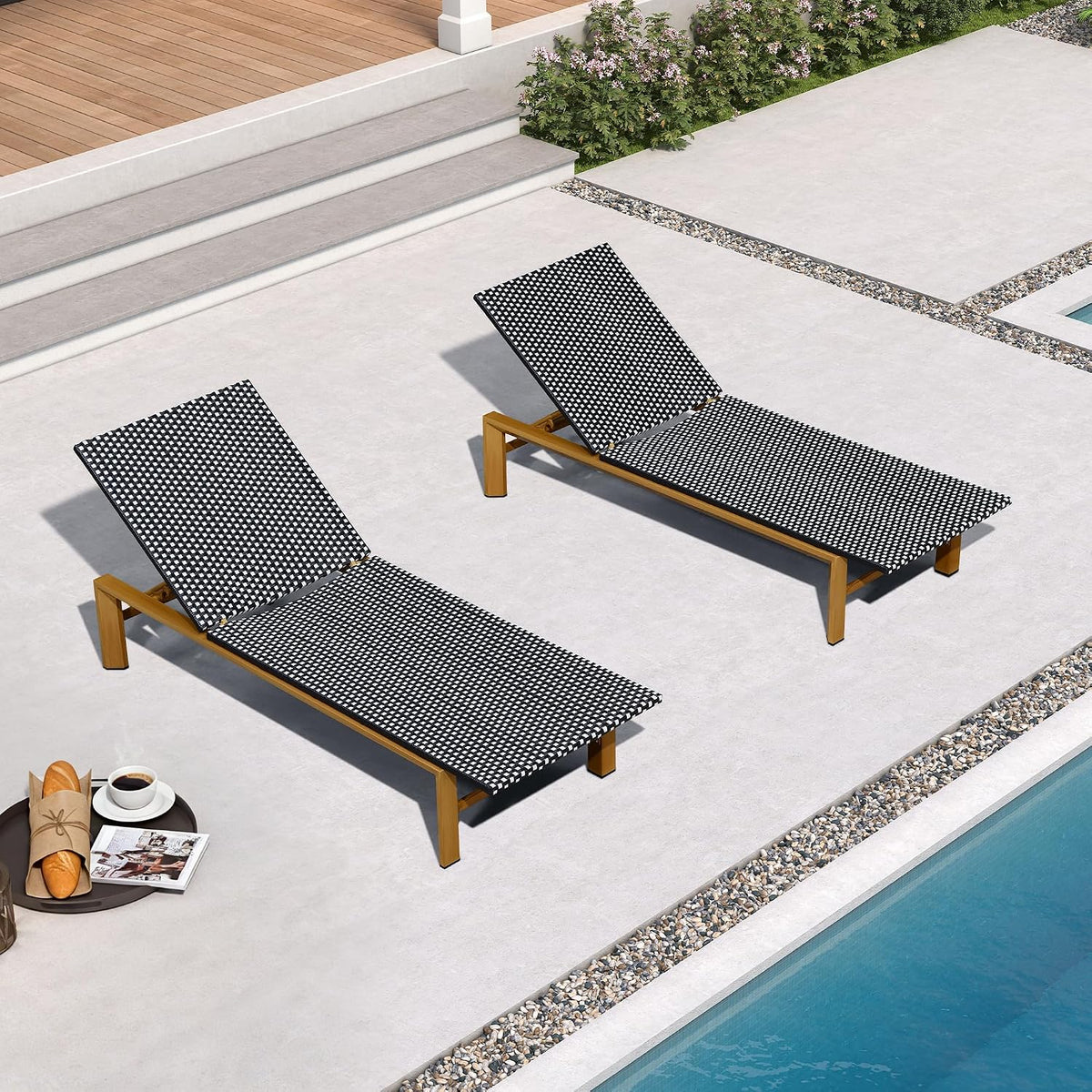 PURPLE LEAF Outdoor Chaise Lounge Extra Wide French Rattan Set of 2, Black