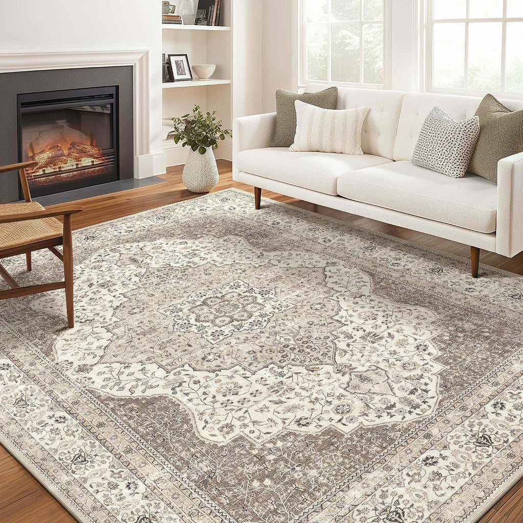 Vintage 10x14 Washable Area Rugs for Living Room, Non Slip, Brown