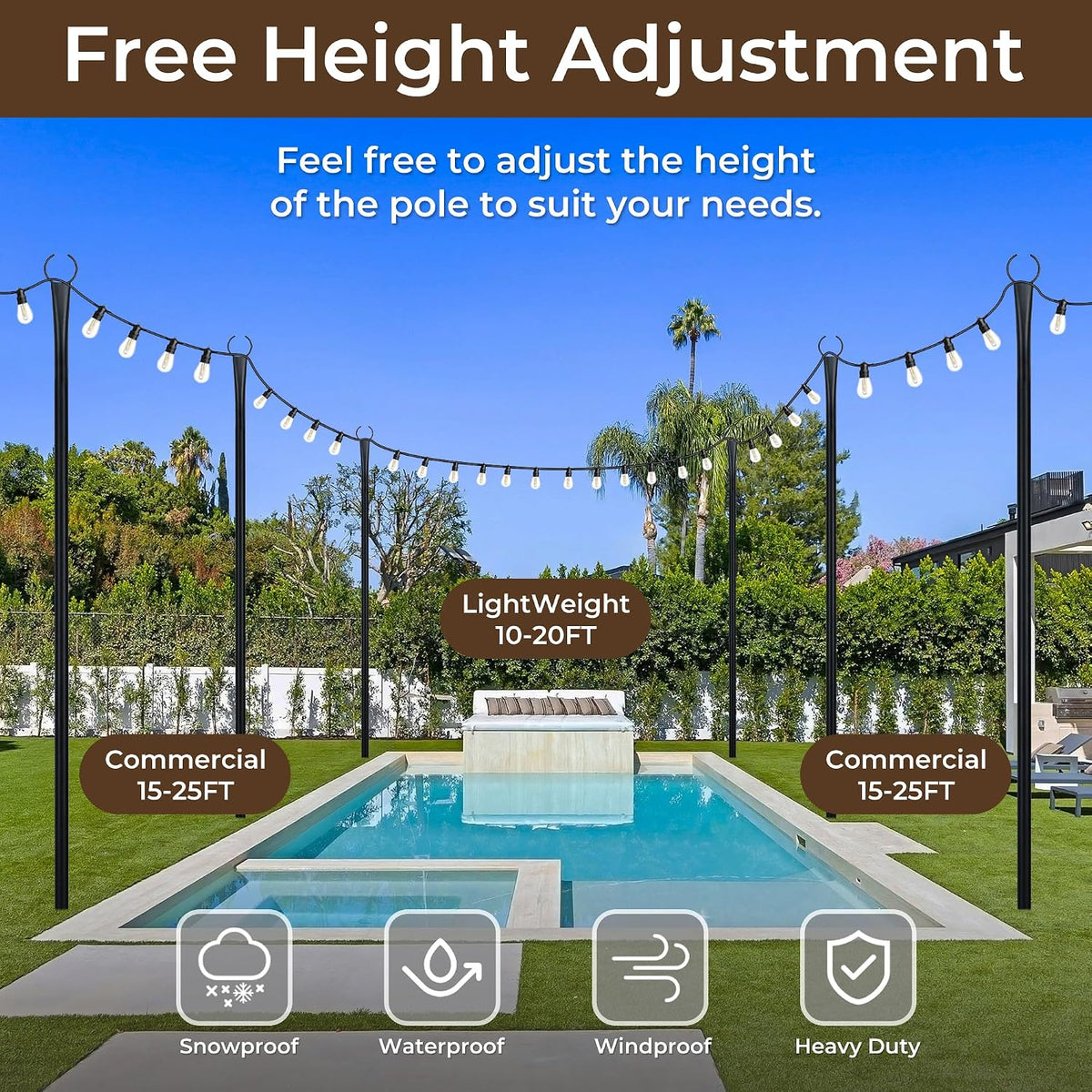 10 Ft String Light Poles for Outside, 6 Pack Heavy-Duty Metal Poles for Outdoor Hanging Lights with Fence Brackets, Outdoor String Light Pole Stand for Patio, Backyard, Garden