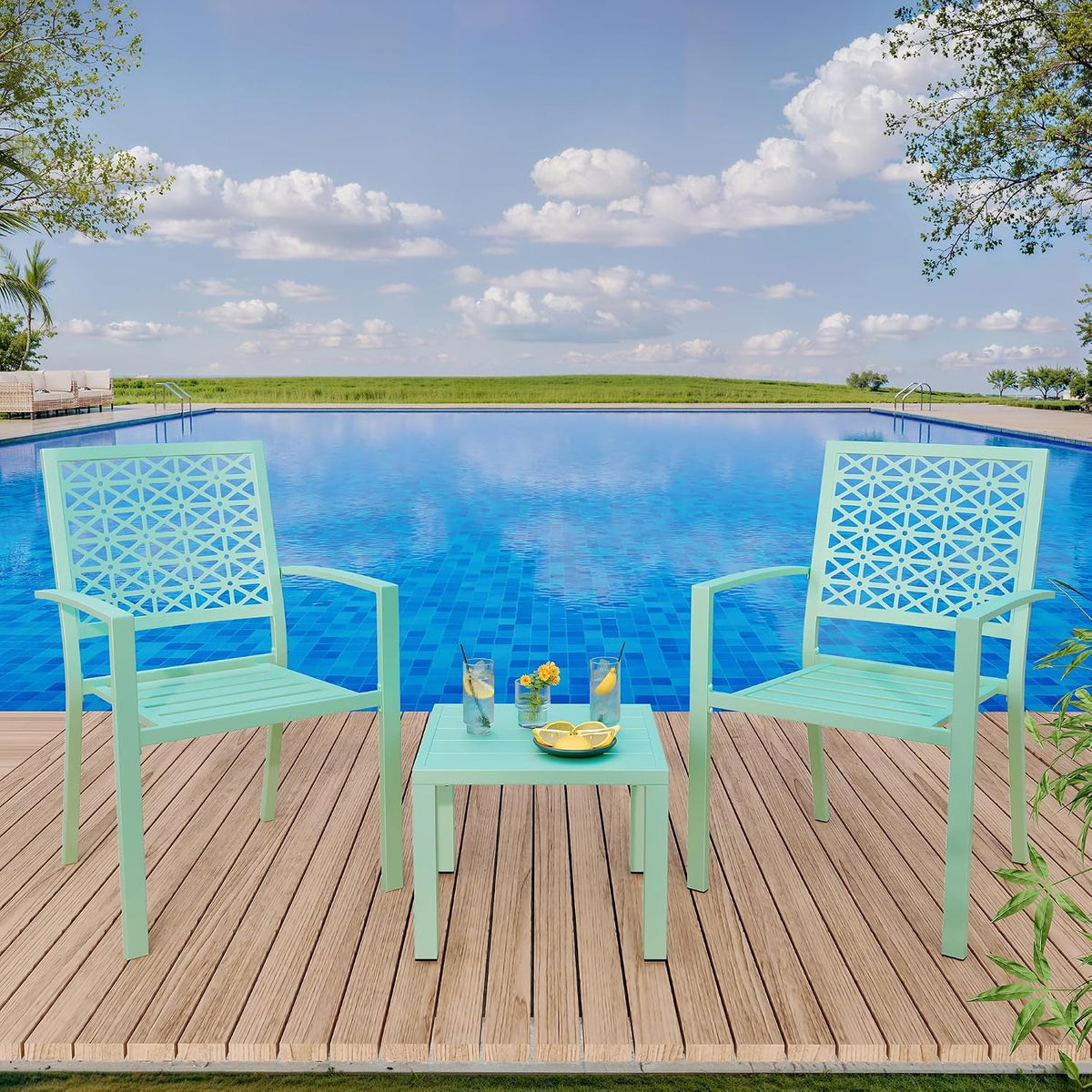 3 Piece Patio Bistro Set, Stackable Patio Dining Set, Green