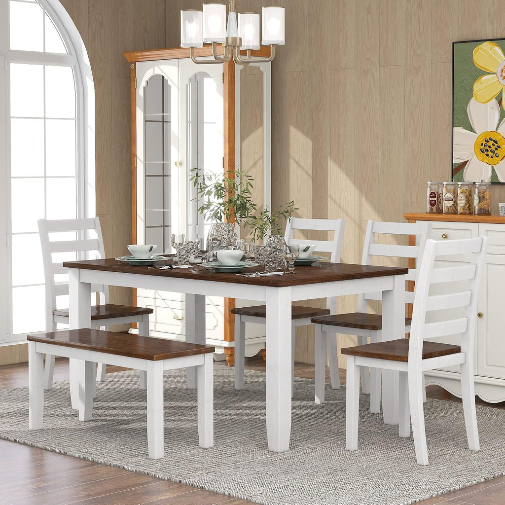 LUMISOL 6-Piece Farmhouse Dining Table Set for 6-7, Solid Wood Kitchen Table Set with Bench and Chairs, Rustic Table and Chairs Set for Kitchen, Dining Room, Walnut + Cottage White