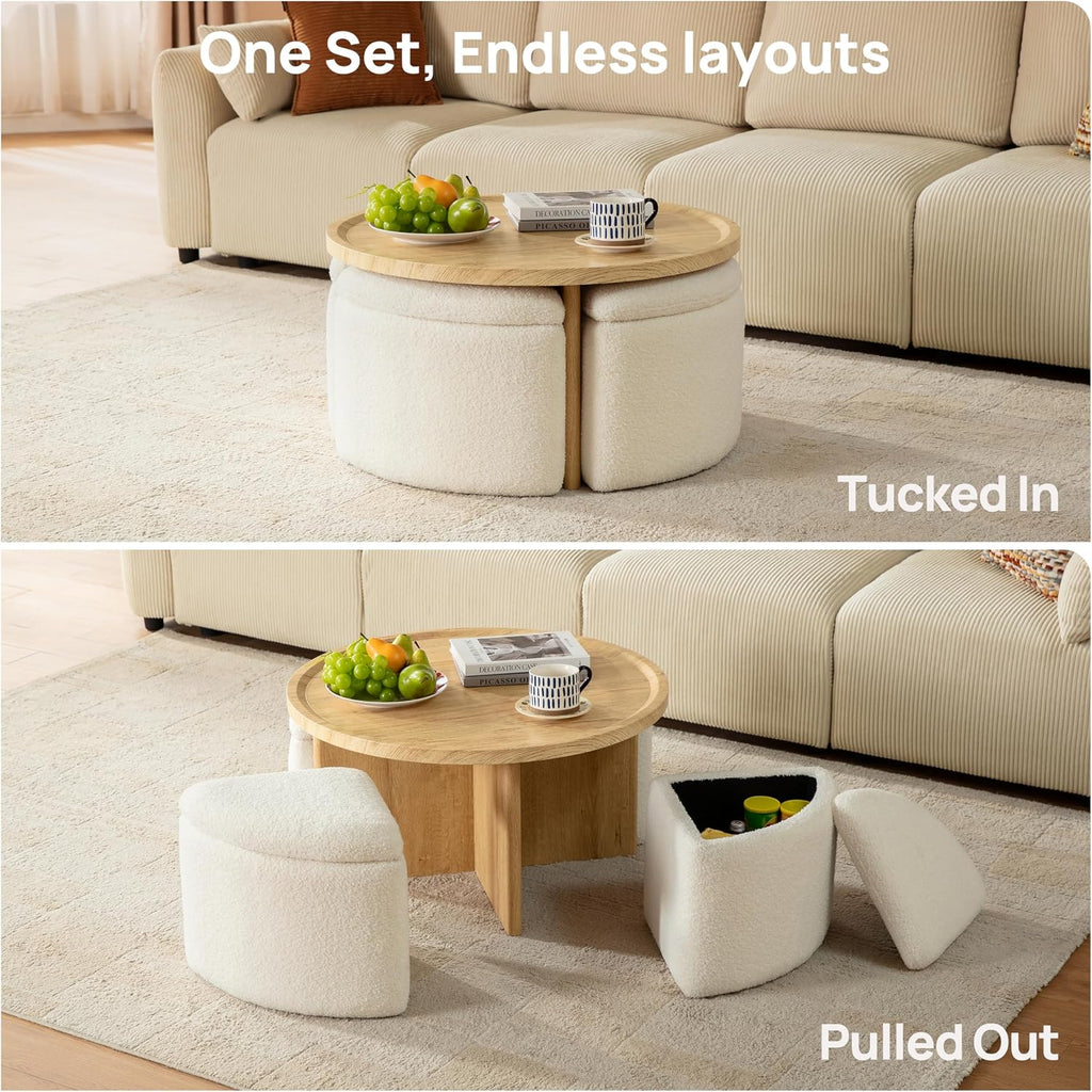 Round Coffee Table with Stools Underneath, 4 Storage Ottomans Chairs&Seats