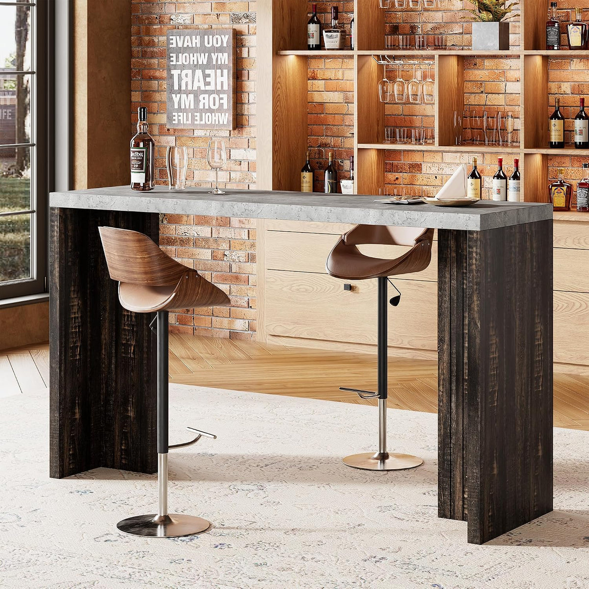 Bar Table for 4-6 People - 55” Long Counter Height Pub with Extra Thickened Tabletop, Modern Rectangular Home Bar Coffee Unit for Kitchen, Dining Room, Balcony, Living Room, Basement, Gray+Brown