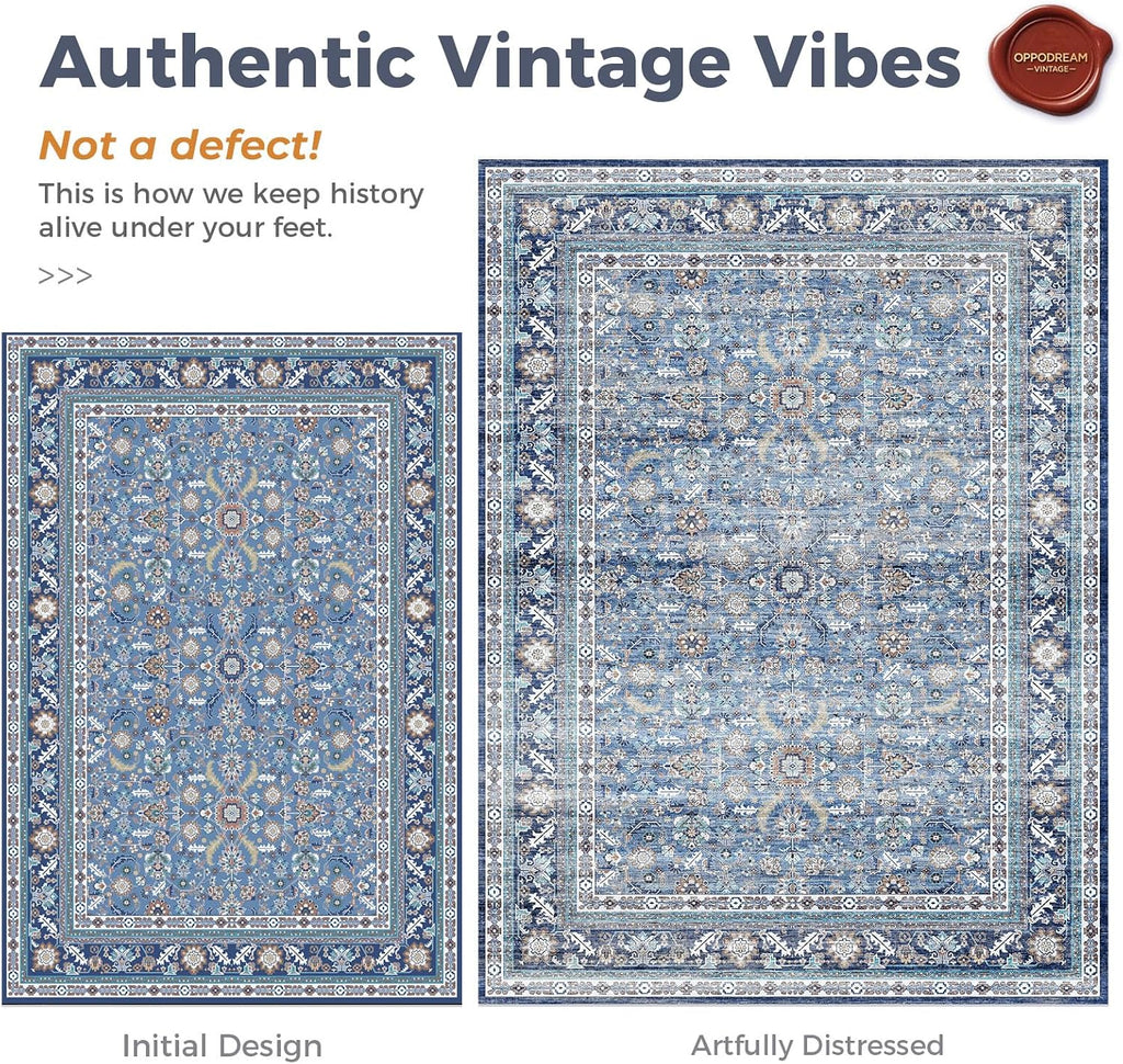 OPPODREAM Vintage Blue Area Rugs 8x10, Washable Rug for Living Room