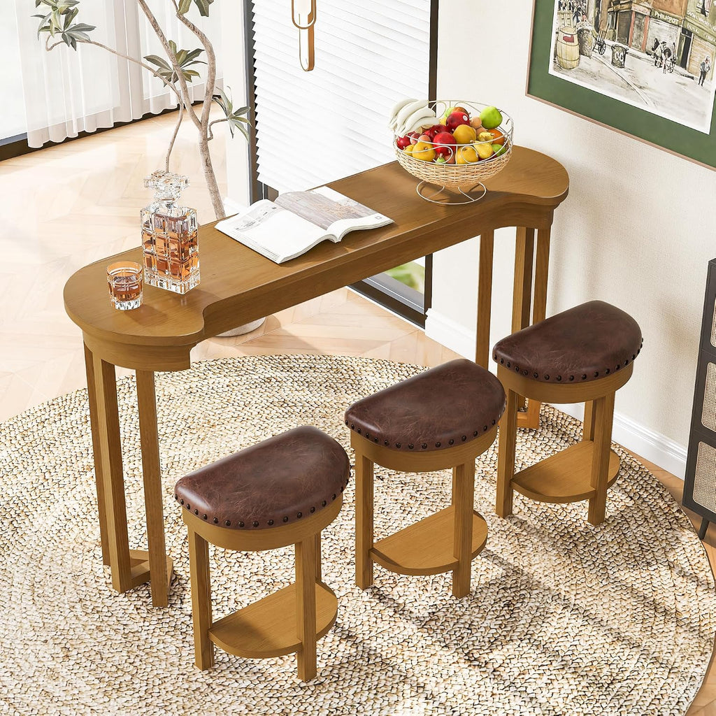 Merax 4 Piece Bar Table Set with 3 PU Upholstered Bar Stools, Solid Wood Counter Height Kitchen Table Set, Breakfast Table with 3 Padded Stools for Living Room, Dining Room, Natural