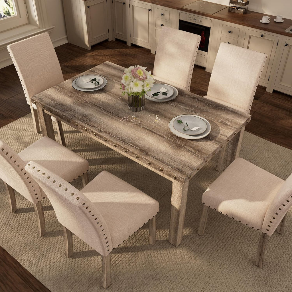 Modern Fort 7-Piece Farmhouse Dining Table Set for 6, 60" Rectangular Wood Dining Table with 6 Upholstered Chairs, Nailhead Trim, Kitchen Table with Chairs Set for Dining Room & Breakfast Nook