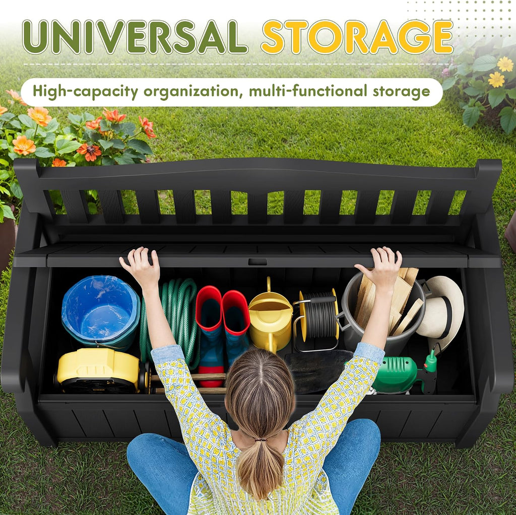 Greesum 80 Gallon Storage Bench Outdoor Deck Box with Armrest, Black