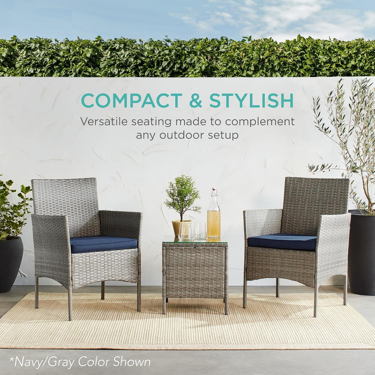 Best Choice Products 3-Piece Outdoor Wicker Conversation Bistro Set, Space Saving Patio Furniture for Garden w/Side Table - Natural/Gray