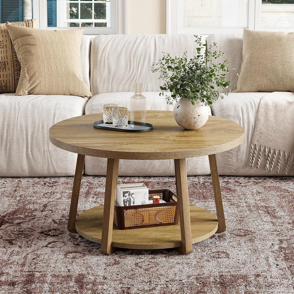 LITTLE TREE Round Coffee Table, 2-Tier Center Table with Storage