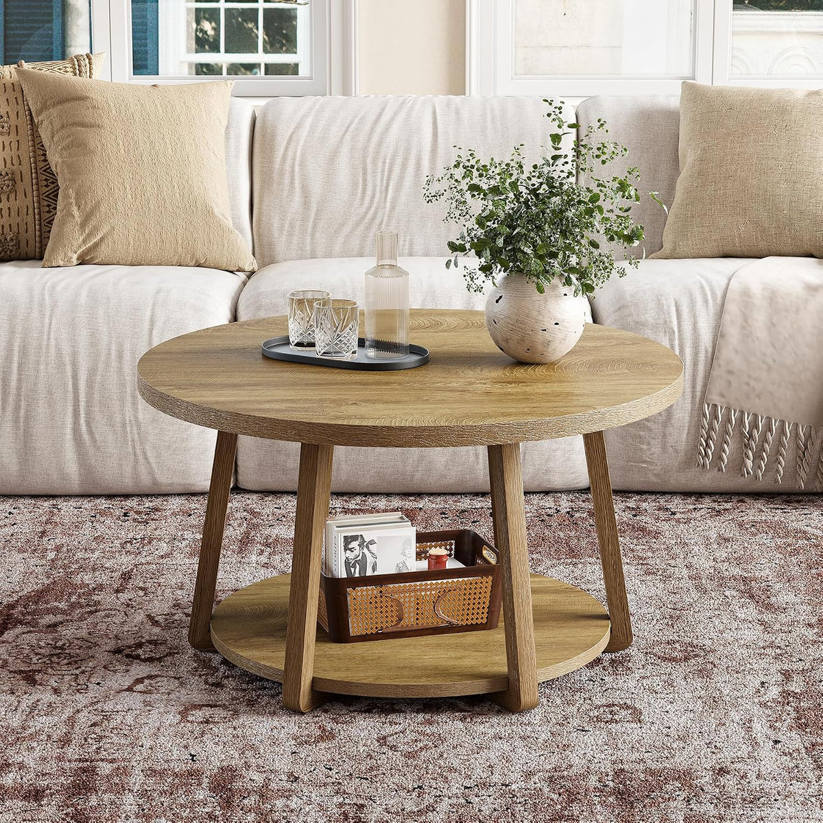 LITTLE TREE Round Coffee Table, 2-Tier Center Table with Storage
