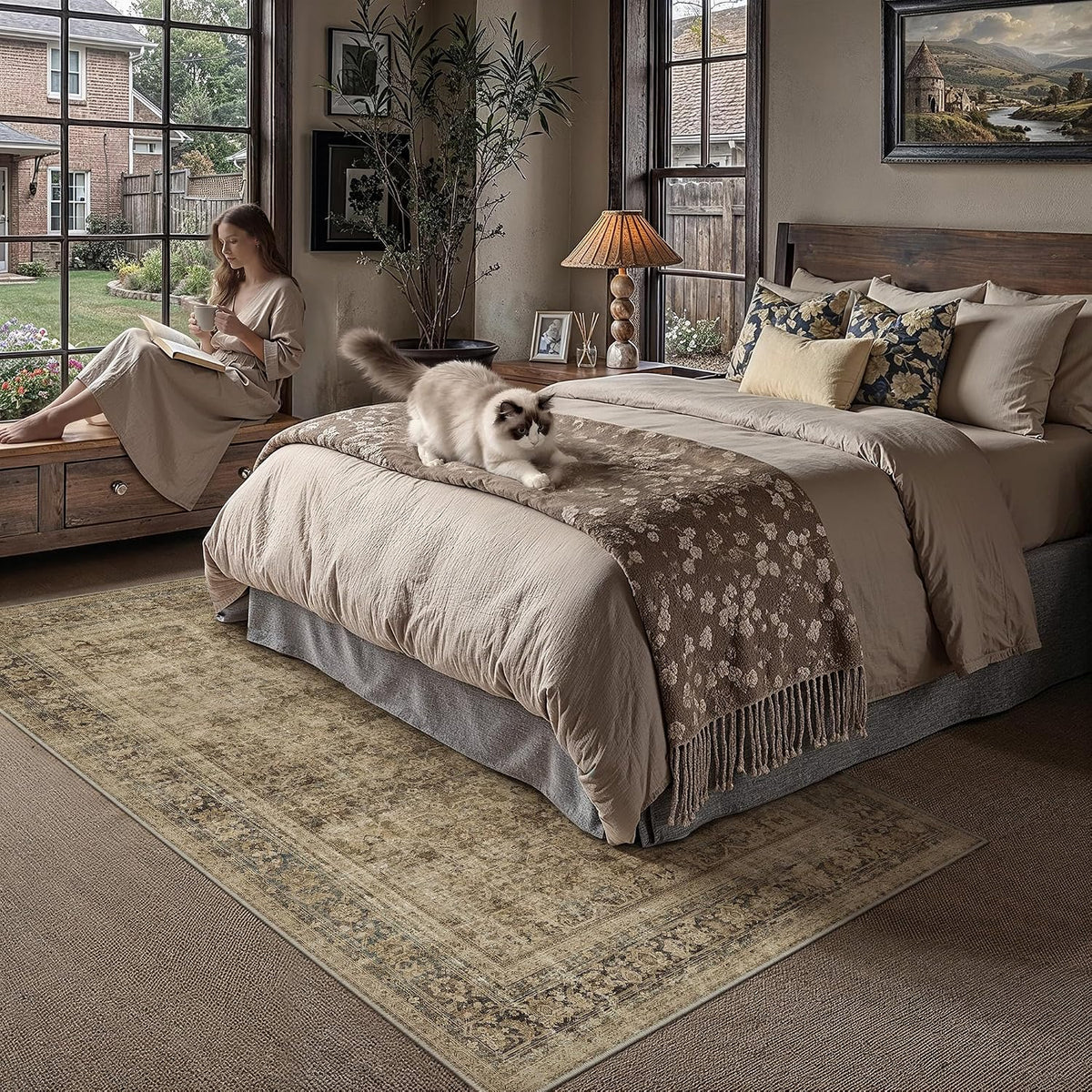 6x9 Area Rug Brown Vintage Distressed Carpet