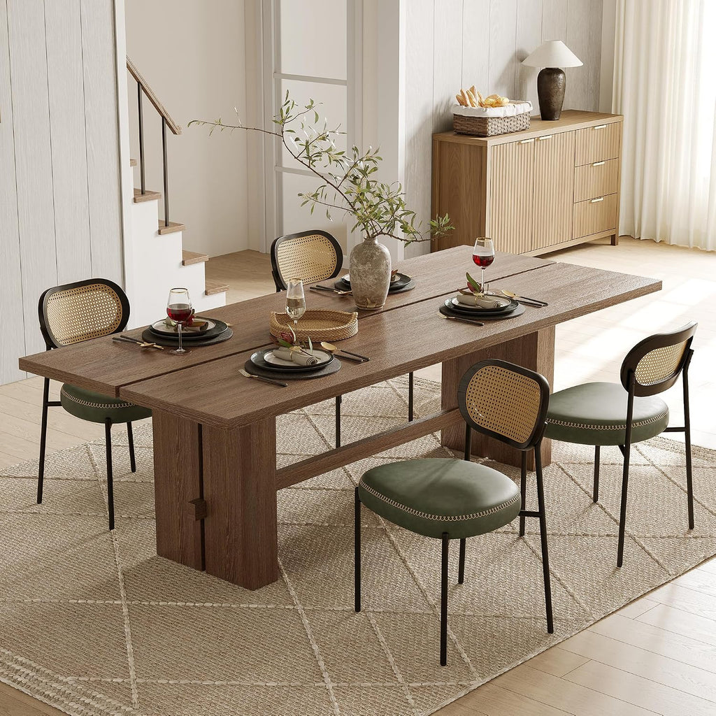 Rattan Dining Chairs Set of 4, Green Leather Upholstered Dining Chairs with Rattan Cane Back, Mid Century Modern Dining Room Chairs with Black Metal Legs & D-Shaped Thicken Cushion, Green