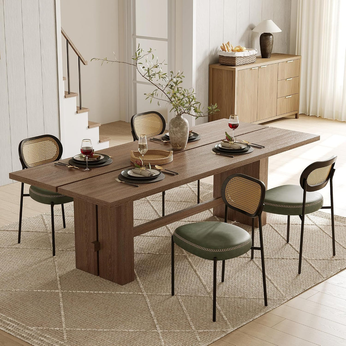 Rattan Dining Chairs Set of 4, Green Leather Upholstered Dining Chairs with Rattan Cane Back, Mid Century Modern Dining Room Chairs with Black Metal Legs & D-Shaped Thicken Cushion, Green