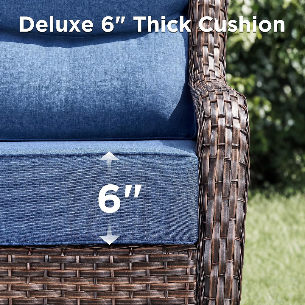 Luxury Patio Furniture Set with Fire Pit Table-6 Pieces All Weather Outdoor Swivel Rocker Chairs with Sofa and Ottomans. Outdoors Patio Conversation Sets for Porch Deck Garden Backyard(Brown/Blue)