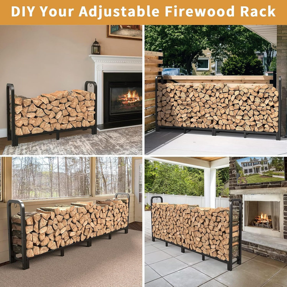 Mr IRONSTONE 8ft Firewood Rack Outdoor Indoor, Upgraded Heavy Duty Adjustable Fire Wood Rack Holds Up to 4500lbs, Fireplace Log Holder Wood Storage for Porch Patio, Easy Assembly